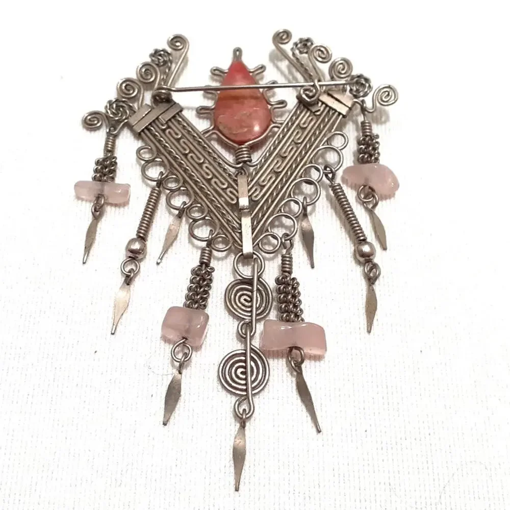 Vintage Mexican Alpaca Mayan Aztec Design Silver Tone Brooch